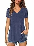 Florboom Kurzarmshirt Damen V-Ausschnitt Elegant Bluse Oberteil Tunika Tops Hemd Shirts, Dunkelblau L