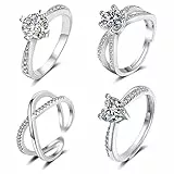 Aucuu 4PCS Kupfer-versilberter Ring Damen, einstellbare Ring Zirkonia ringe Damenring, Schmuck geschenk für Verlobung, Versprechen, Jahrestag