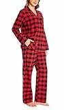 Nutria Schlafanzug Damen 100% Baumwolle Flanell Pyjama Set Langarm Oberteil mit Offenem Kragen Knöpfe Lang Unterteil Winter Nachtwäsche Loungewear Shirt und Hose Rotes Büffelkaro XL
