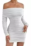 Adigau Damen Kleid Figurbetontes Minikleid Elegantes Schulterfreies Kleid Sexy Partykleid Langärmeliges Freizeitkleid Kurzes Cocktailkleid Wickelkleid Weiß L