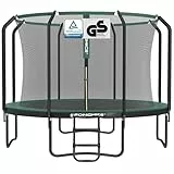 SONGMICS Trampolin 305 cm d, Gartentrampolin für Kinder mit Sicherheitsnetz, 180 cm hohe Stangen, Randabdeckung, Leiter, Stahlrahmen, schwarz-dunkelgrün STR103C01