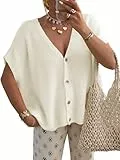 Saodimallsu Strickjacke Damen Kurzarm V-Ausschnitt Cardigan Oversized Fledermausärmel Sommer Strickweste Einfarbig Leicht Knopfleiste Sweater Top Weiß S