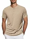 TARAINYA Henley Shirt Herren Baumwolle T-Shirt Kurzarm Sommer Männer mit Knopfleiste Khaki 2XL