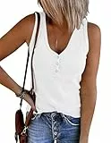 Zeagoo Tops für Damen Sommer Tank Top Lässiges Ärmellos Oberteile V-Ausschnitt Gerippt Tanktops Leicht Tops mit Knöpfen Weiß L