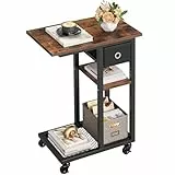 YITAHOME Beistelltisch, C-Form Sofatisch mit Rollen und Schublade，Wohnzimmertisch für Kaffee und Laptop，für Wohnzimmer, Schlafzimmer，50 x 30 x 67cm, Rustikales Braun