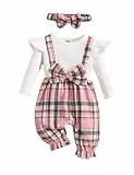 Haokaini Baby Mädchen Kleidung Neugeborene Einteilige Strampler Lange Rüschen Ärmel Plaid Spleißen Bowknot Jumpsuit mit Stirnband Bodysuit Outfit