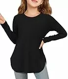Haloumoning Mädchen Langarmshirt Kinder Rundhals Langarm T-Shirt Einfarbig Niedlich Tunika Oberteile Freizeit Basic Tops mit Seitenschlitzen, Schwarz, 13-14 Jahre
