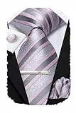 Hi-Tie Krawatten-Set für Herren, Seidenkrawatten für Herren, Pink, Blau, Schwarz, 4-teilig, Krawatte, Einstecktuch, Manschettenknöpfe, Clip für Hochzeit, silber, rosa, M