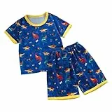 Schlafanzug Baby Jungen 80 Baumwolle Sommer Nachtwäsche Kinder Zweiteiler Hausanzug Dunkelblau 2-Teiler Dino-Print Kurze Hose Und T-Shirt Pyjama Set Schlafanzüge Kurz Sleepwear Kids Boys