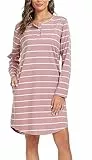 Lovasy Nachthemd Damen Baumwolle Langarm Schlafshirt Streifen Nachthemden für Damen mit Knopfleiste und Zwei Taschen,Rosa,M