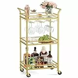 VASAGLE Servierwagen, 3 Ebenen, Rollwagen, mit Rollen, Griffen, verspiegelte Glasablagen, für kleine Räume, Küche, Esszimmer, Bar, goldfarben LRC091A62