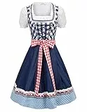 JASAMBAC Damen Dirndl midi 3-teiliges Trachtenkleid Trachtenrock Kleid Dirndlbluse für Oktoberfest, Karneval Blau L