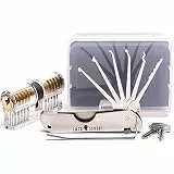 7 teiliges Lockpicking Set Profi mit Transparentem Vorhängeschloss | Dietrich Set mit übungsschloss im Kreditkartenformat & Anleitung für Anfänger und Profis LockCowboy