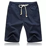 JustSun Kurze Hosen Herren Shorts Sommer Leinen Baumwolle mit Tunnelzug und Taschen Blau M