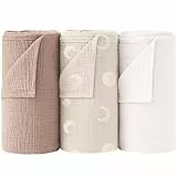 Bearmoss Baby Pucktuch Musselin Decke 100% Baumwolle Dünne Atmungsaktive Babydecke Baby Swaddle Decke Tücher für Junge und Mädchen 3 Stück 96x102cm (Mond)