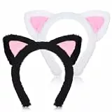 Prasacco 2 Stück Katzenohren Haarreif, Süßes Katzenohren Haarband Weiches Plüsch Stirnband für Rollenspiele, Musikfestivals, Themenpartys, Halloween, Karneval, Gesichtswaschen (Schwarz, Weiß)