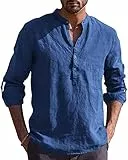 AUDATE Herren Baumwolle Hemd Leinenhemd Langarm Casual Regular Fit Shirt Freizeithemd Dunkelblau L
