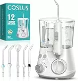 COSLUS Munddusche Elektrische Professional Zähne: 2 Modi & 12 Druckstufen – 600ml Wassertank Zahndusche für Familien Oral Health Enthusiasten/Orthodontie-Patienten – Haushalt & Bad mit 5 Düsen – Weiß