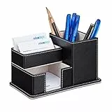 Relaxdays Kunstleder, Schreibtisch Organizer für Stifte, Notizzettel und Büroartikel, Stiftebox, schwarz Stiftehalter, PU-Leder, 10 x 18 x 12 cm
