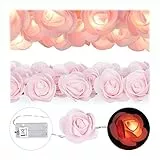 Relaxdays Rosen Lichterkette, 20er LED Lichterkette Batterie, Hochzeit, Verlobung & Valentinstag, warmweiß, Deko, rosa