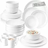 SÄNGER | Kombiservice Marlo Weiß, 30-teiliges Geschirrset für 6 Personen mit Speise-, Dessertteller, Schalen, Müslischalen und Kaffeebechern aus Porzellan, moderne Form |PREMIUM COLLECTION