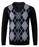 KTWOLEN Herren V-Ausschnitt Pullover Argyle Casual Langarm Strickpullover Freizeit Gestrickt Winterpullover
