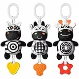 Aolso Kinderwagen Spielzeug, 3Pcs hängendes Rasselspielzeug, schwarz-weißes Spielzeug, Baby-Hängespielzeug, Neugeborenes Autositz-Spielzeug für Jungen und Mädchen (Zebra/Kuh/Hirsch)