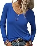 Wayleb T-Shirts für Damen Langarmshirt V-Ausschnitt Dünne Baumwoll Freizeitshirt Yoga Herbst Elegant Top Pullover Unterziehshirt Dunkelblau S-3XL