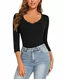 WOWENY Body Damen Elegant Spitze 3/4 Ärmel Bodysuit Women Tops mit V Ausschnitt Damenbody für damen Tanz-Body Stringbody Trachtenbody Spitzenbody 7-Schwarz L