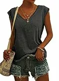 GeGekoko Damen T-Shirt Kurzarm V-Ausschnitt Flügelärmeln Oberteile Blusen Sommer Casual Lose Tank Top Basic Mädchen Tops Dunkelgrau XXL