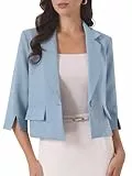 Allegra K Damen Blazer Kurze 3/4-Ärmel Reverskragen EIN Knopf Business Casual Festlich Kurzblazer Jacke Grau Blau L