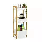 Relaxdays Badregal mit 3 Körben, Standregal Bambus & MDF, HxBxT: 74,5 x 28 x 20 cm, freistehend, Küchenregal, Natur/weiß, Holzwerkstoff, 1 Stück
