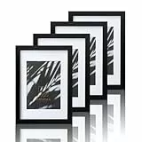 VUVUZULA A4 Bilderrahmen Set 4er, Schwarz, Glas, Modern, Strukturiert matt, A4 Rahmen mit Passepartout, Echtglas, Metallhaken und -ständer, MDF-Rückwand, für Wand und Tisch