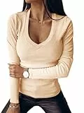 Imily Bela Damen Langarmshirt Sexy V Ausschnitt Oberteile Elegant Gerippt Sweatshirt Slim Fit Herbst Shirts, Beige, S