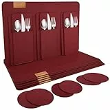 shinfly Tischsets Abwaschbar Platzsets aus Filz 18er Set, Abwischbar Tischsets, Hitzebeständig rutschfest Platzdeckchen mit Untersetzer, BestecksäCken für Küche, Speisetisch, 44x31cm【Burgunderrot】