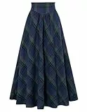 Damen Gothic Hexenrock Gesmokt Elastische Taille Herbst Maxi Corsage Rock Blau Grün Plaid L