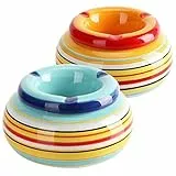 com-four® 2x Windaschenbecher aus Dolomit-Keramik - wetterfeste Sturmaschenbecher mit bunten Streifen - großer Tischaschenbecher mit Deckel (02 Stück 11cm blau orange)