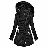Wintermantel Damen Warm Gefüttert Winterparka Mantel Lange Elegant Damenmantel Langarm Winter Parka Jacke mit Kapuze Steppjacke Einfarbig Bequemes Sportjacke Winddicht Outdoorjacke, Schwarz L