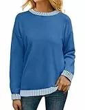 PrinStory Pullover Damen Strickpullover Langarm Rundhals Elegant Lässig Sweatshirt Warm Damen Winter Pullis Strickwaren (Blau, L)
