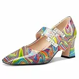 NobleOnly Mary Jane Schuhe Damen Chunky Blockabsatz Absatz Heel Knöchelriemen Dress Geschlossene Eckige Zehenkappe Pumps Diamant Schnalle 7 cm Heels Buntes Graffiti 39 EU