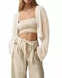Cicy Bell Damen Open Front Strickjacke Boho Langarm Cropped Cardigan Leicht Sommer Sweaters Beige S
