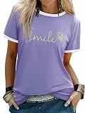 WIEIYM Damen T-Shirt Rundhals Kurzarm Tshirts Sommer Tshirt Damen Oberteile Hemd Leichtes Shirt Gedruckt Lässig Tee Tops Bluse,Violett,L
