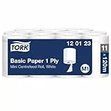 Tork 120123 Standard Papierwischtücher für M1 Mini Spender mit Innenabrollung - Wischtücher aus Papier in Weiß, 1-lagig & ungeprägt - 11 Rollen x 120 Meter, unperforiert (21,5 cm)