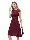 Odizli Cocktailkleid Damen Elegant Kurzarm Spitze Rüschen Chiffonkleid Hochzeitsgast Festlich Hochzeit Kurz Abendkleid Brautjungfernkleider Ballkleid Abschlusskleid Jugendweihe Kleider Weinrot XL
