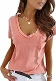 Imily Bela Damen T-Shirt Kurzarm V Ausschnitt Sexy Sommer Oberteile Tops Tunika Casual Tee Locker(Rosa,L)