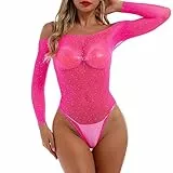 IBAKOM Damen-Body aus durchsichtigem Netzstoff, sexy, glitzernd, mit Strasssteinen, Fischnetz, Teddy, Overall, Trikot, Top, Knallpink (Hot Pink), Einheitsgröße