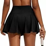 PINSPARK Tennisrock Damen Plissiert Tennis Skort Hohe Taille Golfrock mit Innenhose Shorts Faltenrock Sport Minirock Workout Laufen Rock mit Taschen Schwarz M