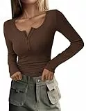 Zeagoo Basic Langarmshirt Damen Tshirt Elegant Slim Fit Oberteil U-Ausschnitt Gerippt Freizeit Pullover Stretch Shirts Tops Braun M