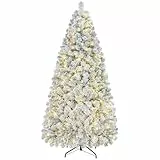 Yaheetech 183cm Künstlicher Weihnachtsbaum mit Schnee & 250 Warmweißen LED, Schneeflocken Tannenbaum, ca.780 Spitzen, Schwer Entflammbar Christbaum, Schnellaufbau inkl. Metallständer, Weiß & Grün