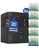 BonAura® AirOne Lite Luftentfeuchter ohne Strom bis 33m² I 360° Belüftung I Raumentfeuchter mit Ausgießer & 5 x 450g Luftentfeuchter Granulat I Schimmel- und Geruchsschutz I Raum Entfeuchter Keller